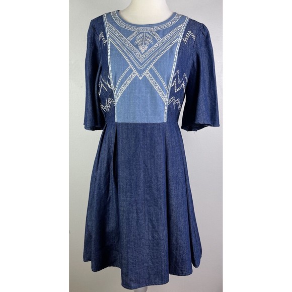 Flying Tomato Chambray A Line Dress Embroidered M Western Boho Country Prairie - Picture 1 of 12